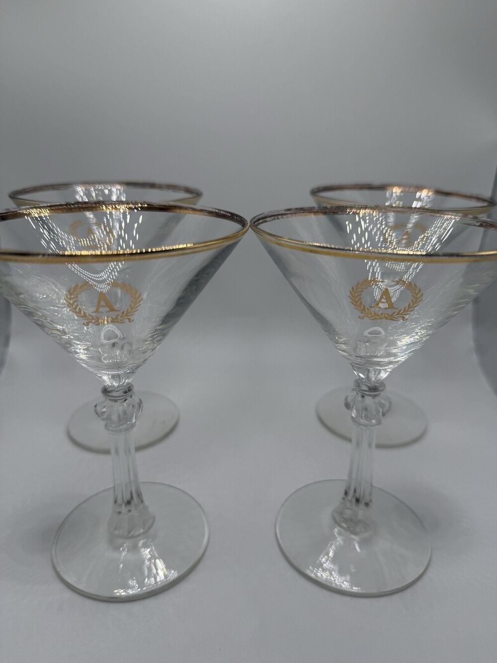 Vintage Crystal A Monogram Initial Gold Crest Champagne Glasses Set of 4 Gilded